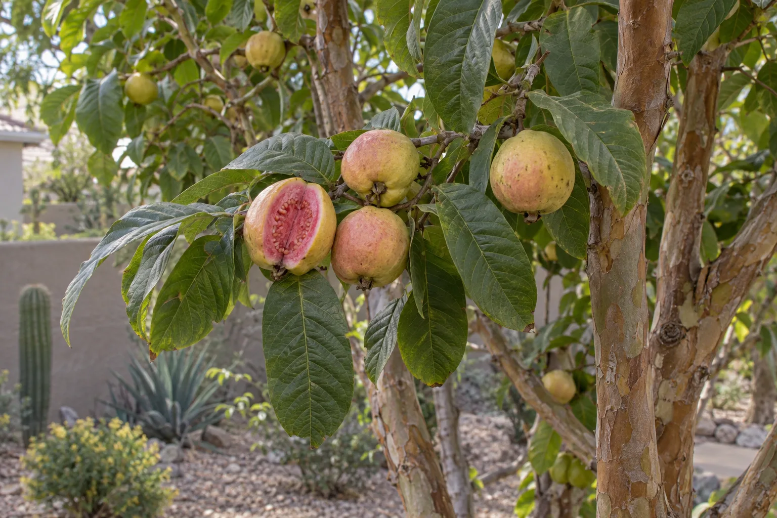 Guatemalan red guava branches with ripe yellow fruit, one split open showing deep pink-red flesh