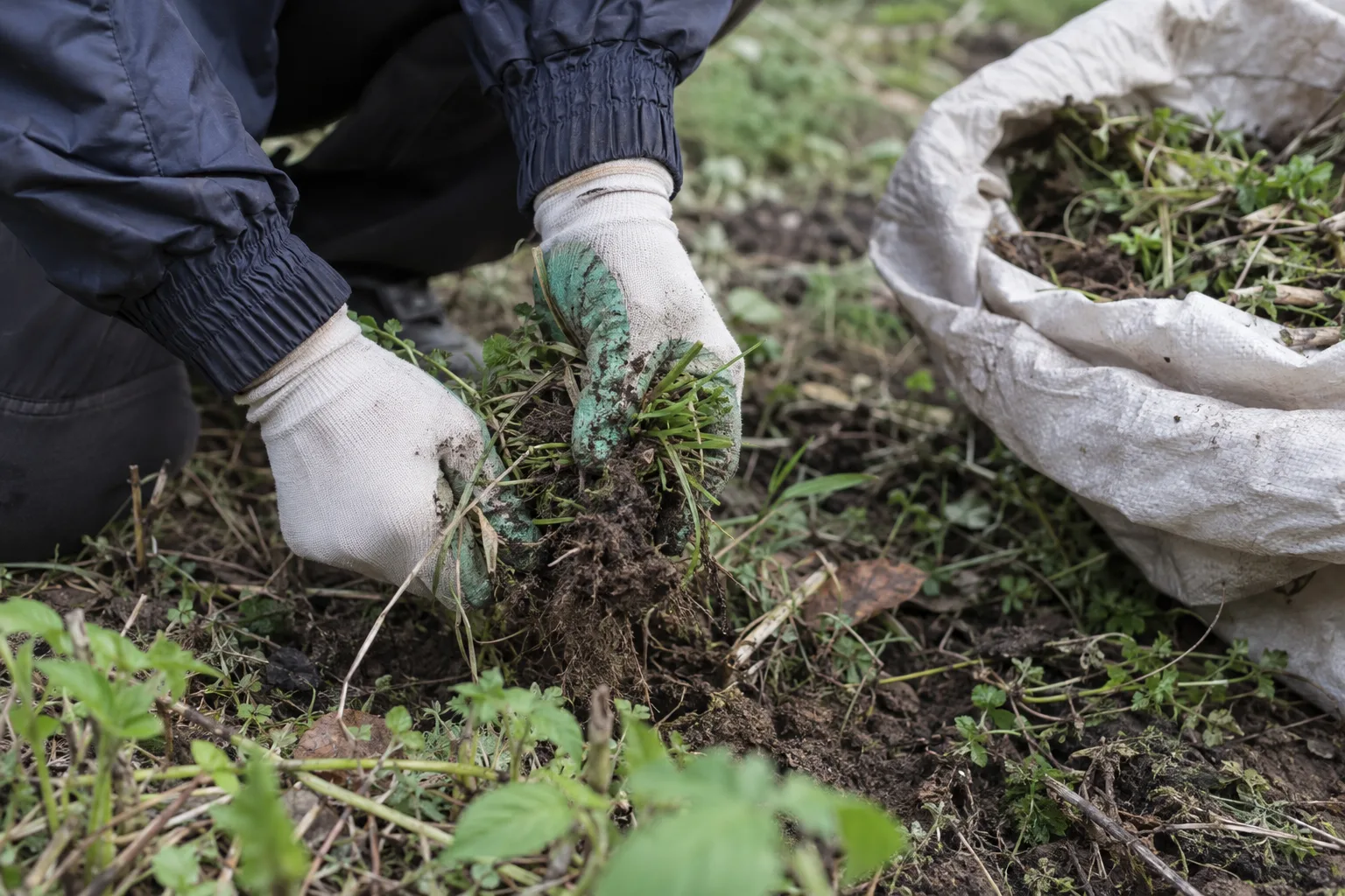 Gloved hands pulling a young grass clump from damp soil with a trash bag nearby