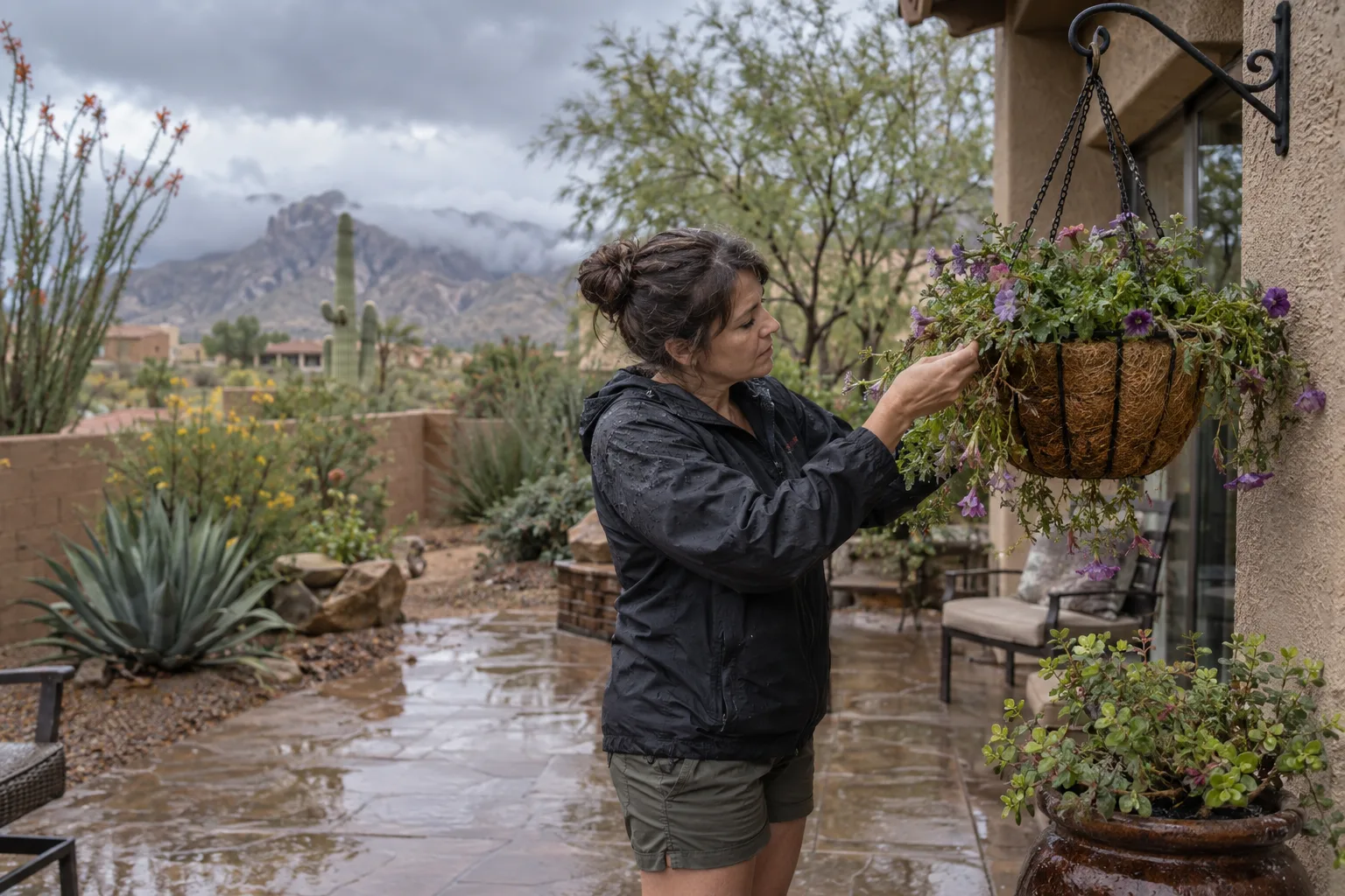 Hanging basket on a sturdy hook on a wet Queen Creek patio after a storm