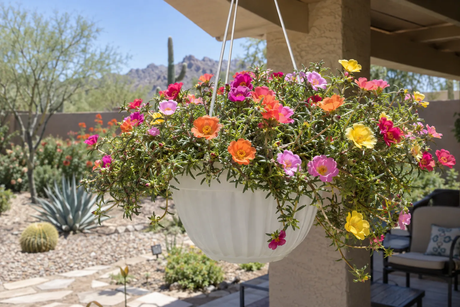 Hanging basket of orange and pink portulaca blooming on a sunny Arizona patio