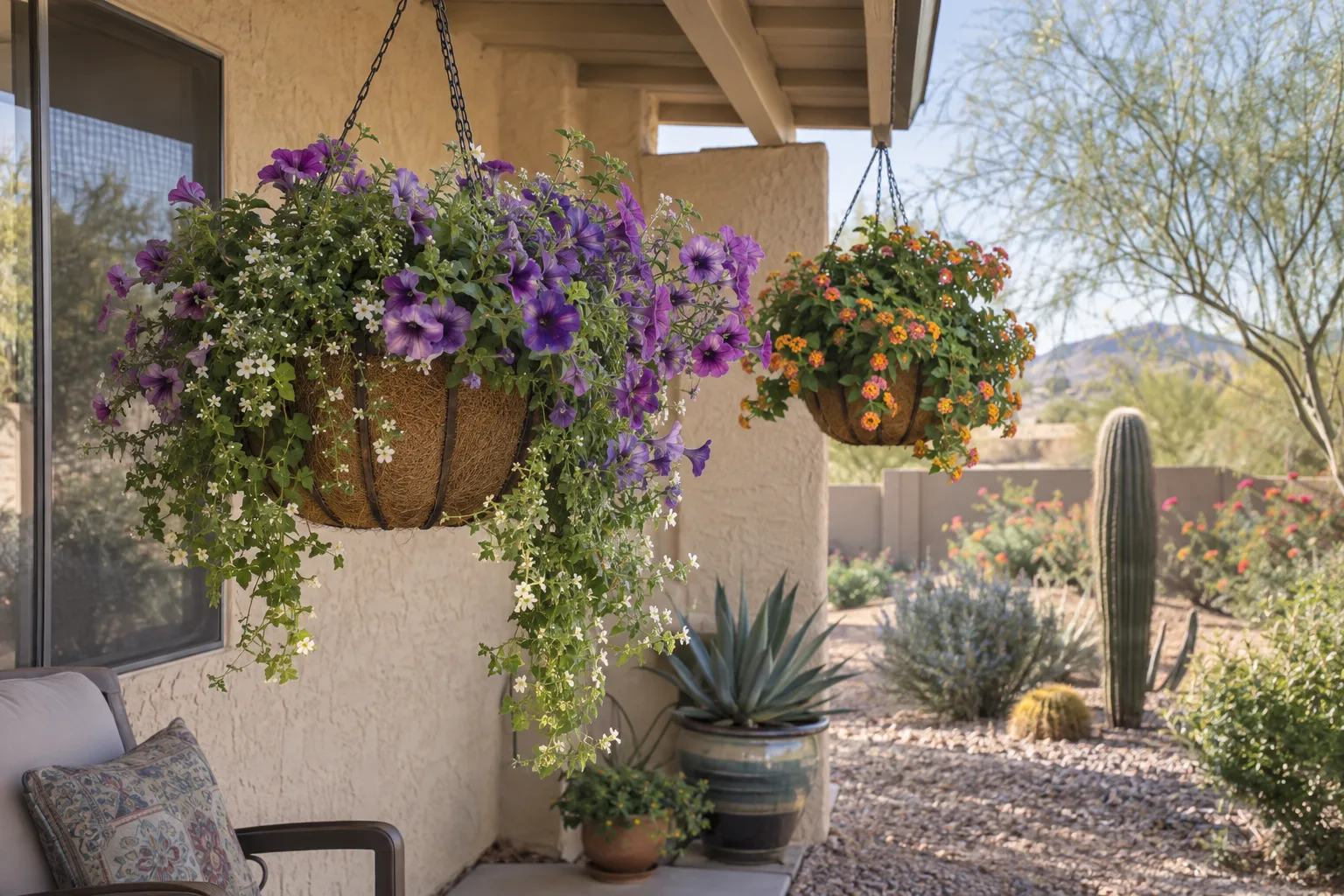 Row of hanging baskets under an east-facing patio cover in morning light with afternoon shade