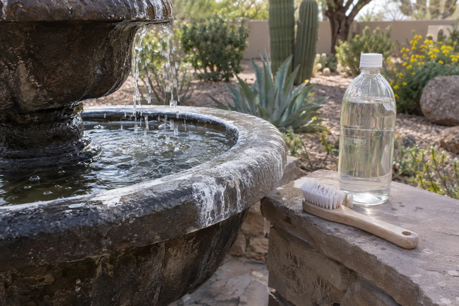White hard water scale on a stone fountain rim with vinegar and a scrub brush