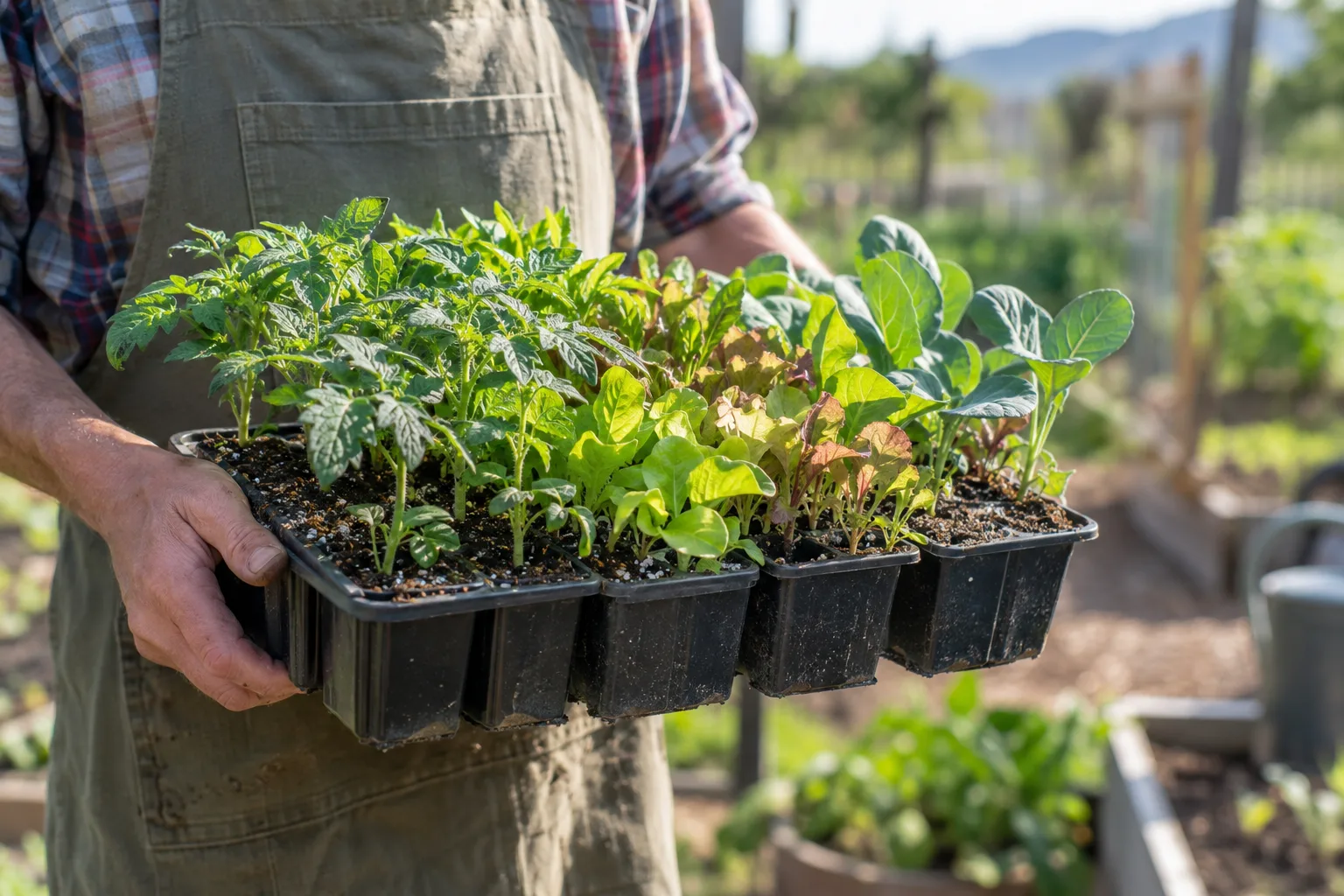 Gardener holding a tray of green vegetable seedlings in soft morning light on a patio