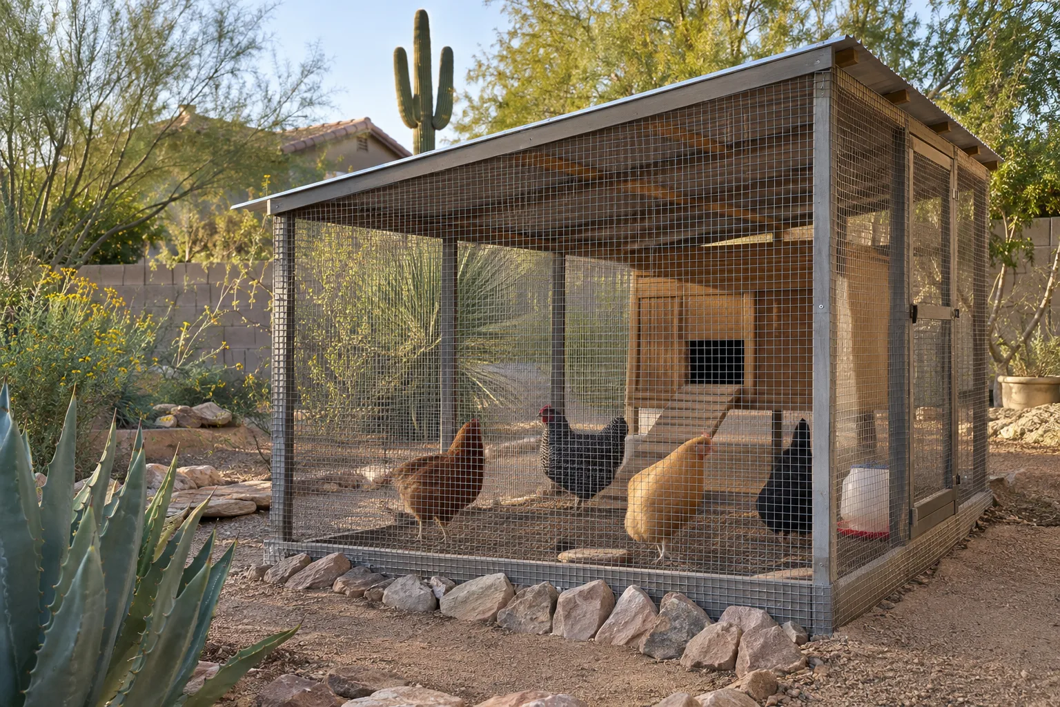 Backyard chicken run made of welded hardware cloth with a solid roof