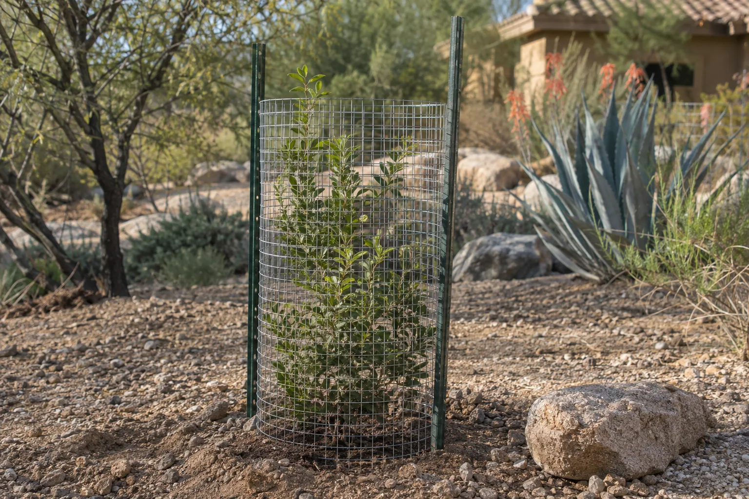 Young desert shrub protected by a staked hardware cloth cage in a garden bed