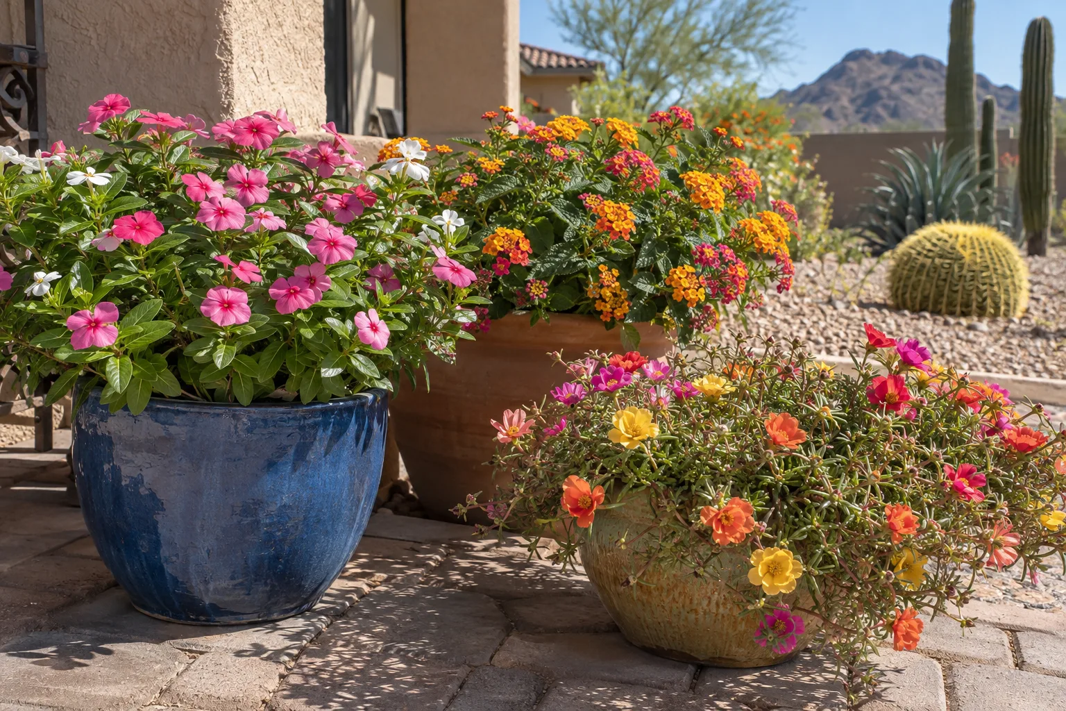 Mixed container of vinca, lantana and portulaca blooming on a sunlit patio against a stucco wall