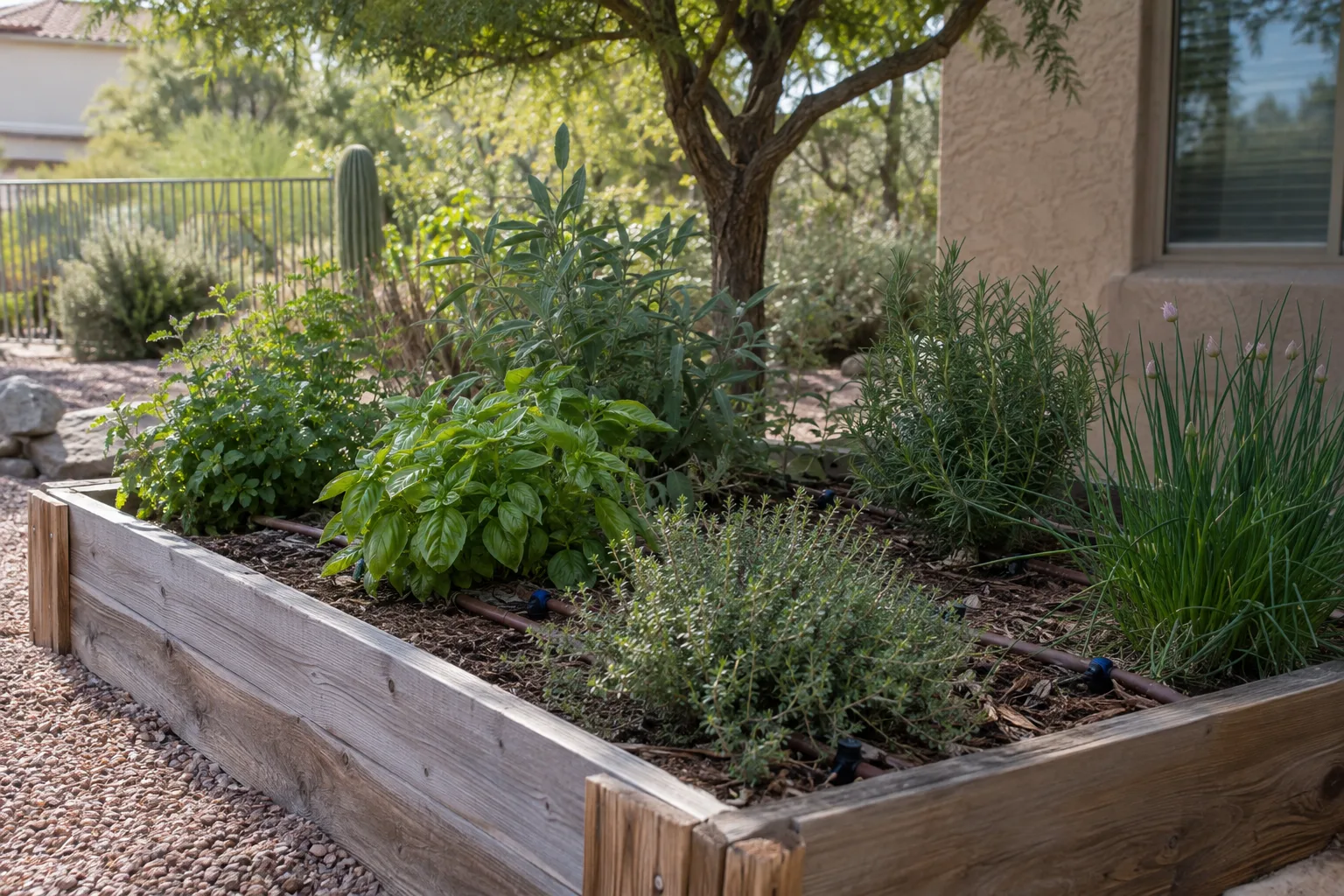 Raised bed with drip line and mulch around young herbs in afternoon shade