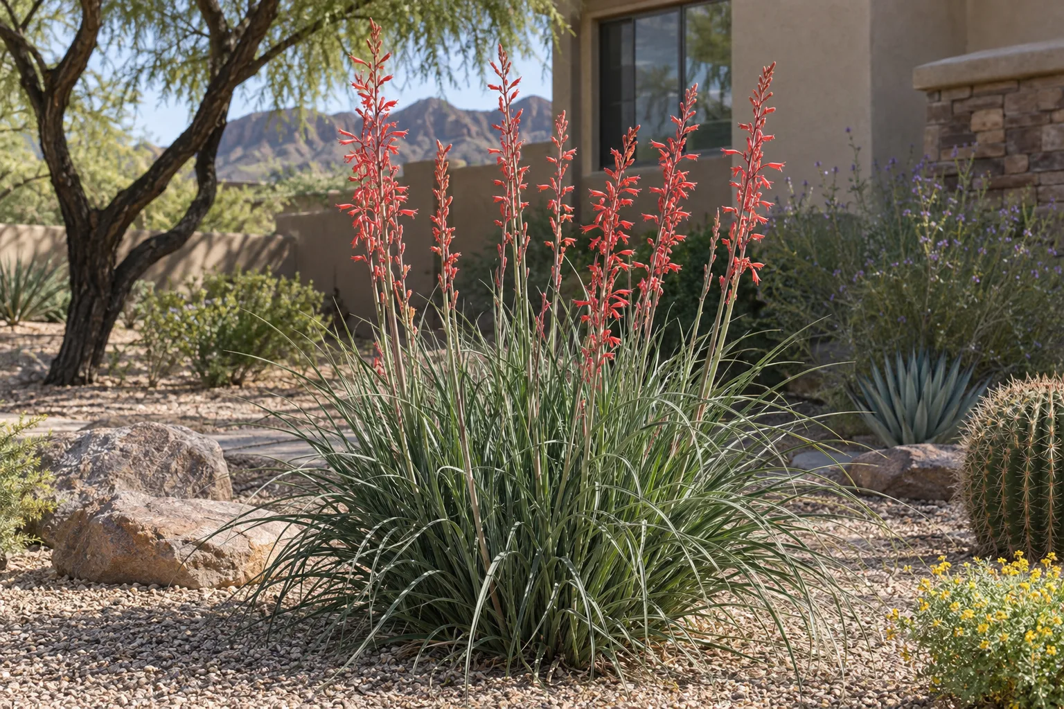 Straight Up red yucca with narrow green leaves and upright coral-red flower stalks in a granite bed