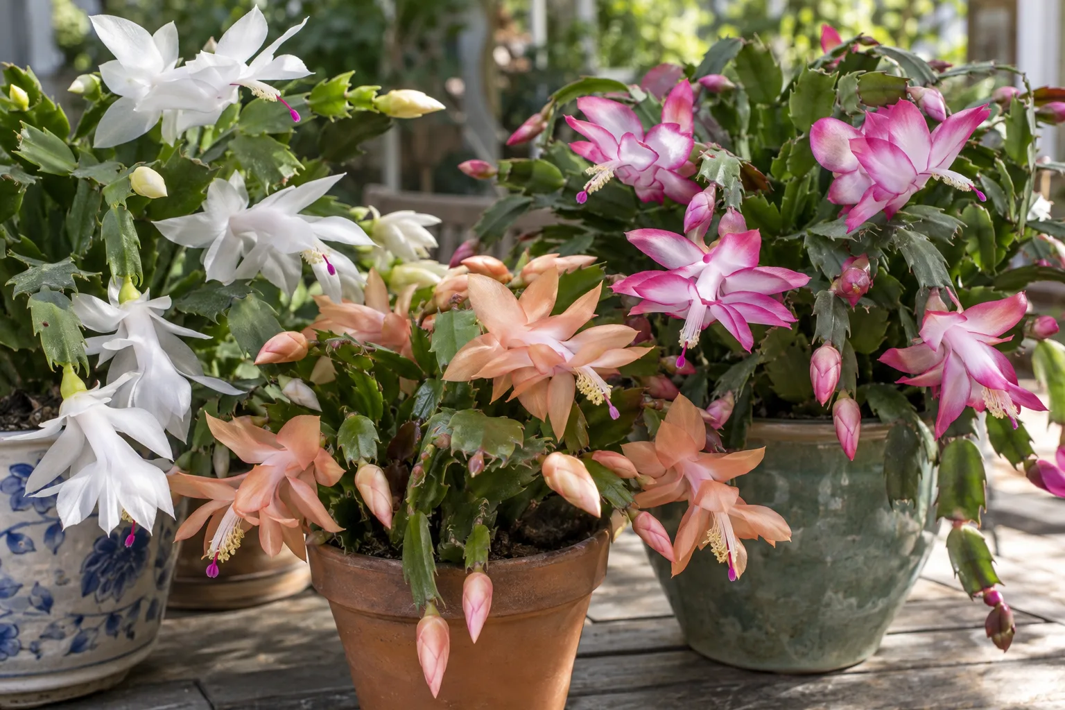 Holiday cactus flowers in white, peach and bicolor shown together at Desert Horizon Nursery
