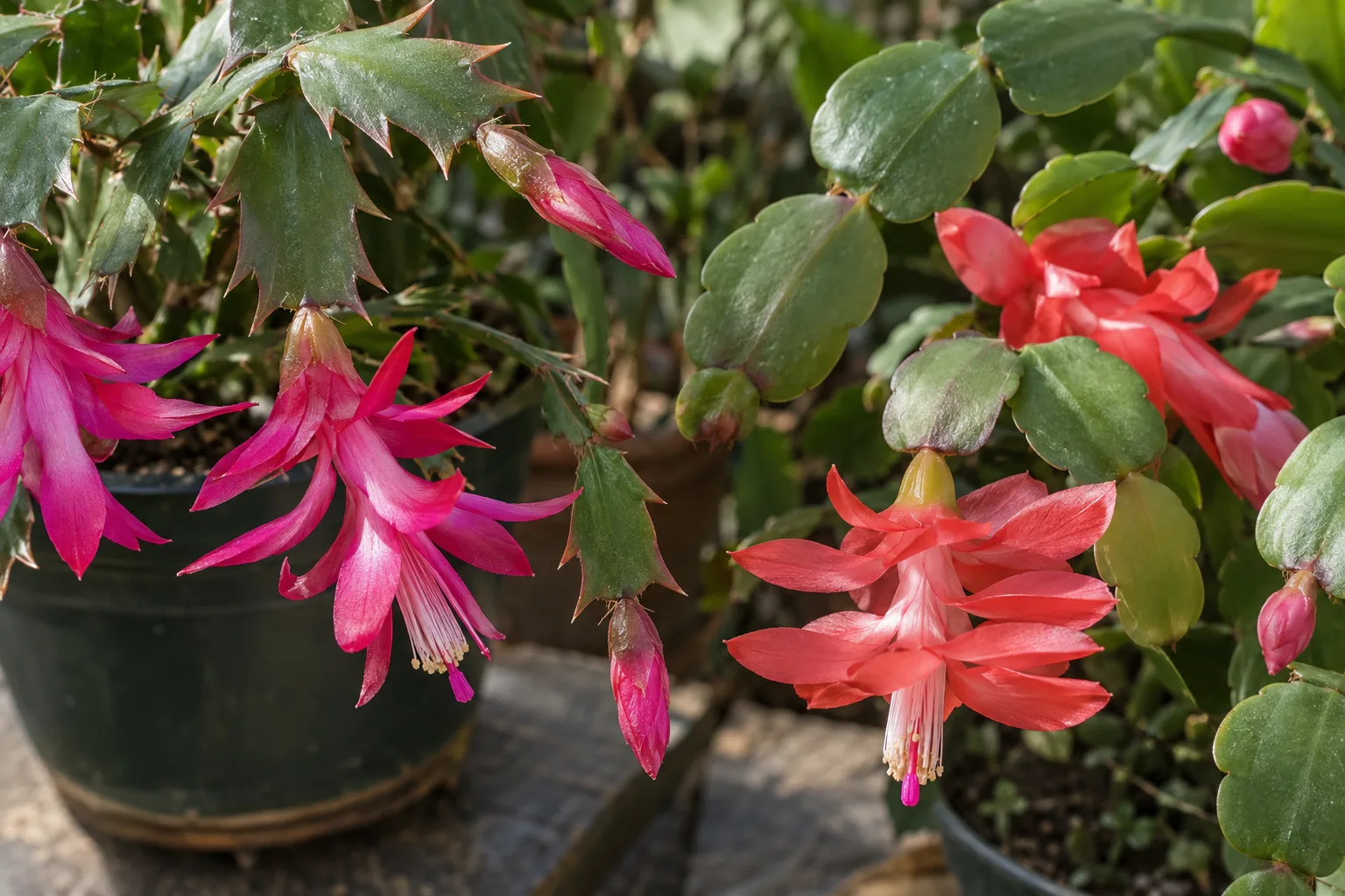 Two holiday cactus stems side by side showing toothed and scalloped segment edges