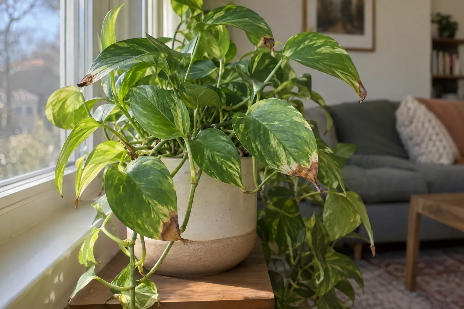 Houseplant leaves with brown crispy tips beside a bright indoor window