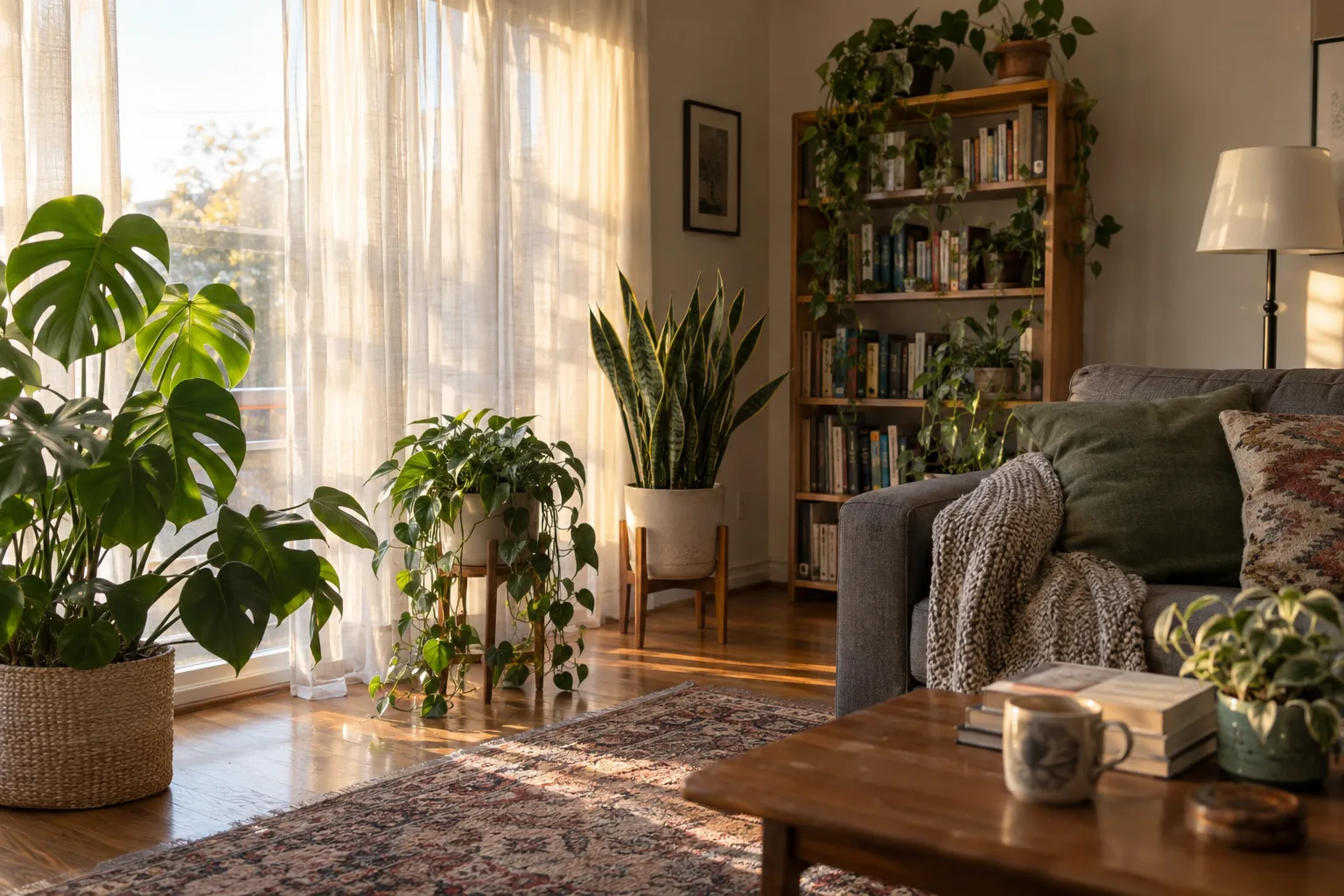 Houseplants behind a sheer curtain in a west-facing window in Queen Creek