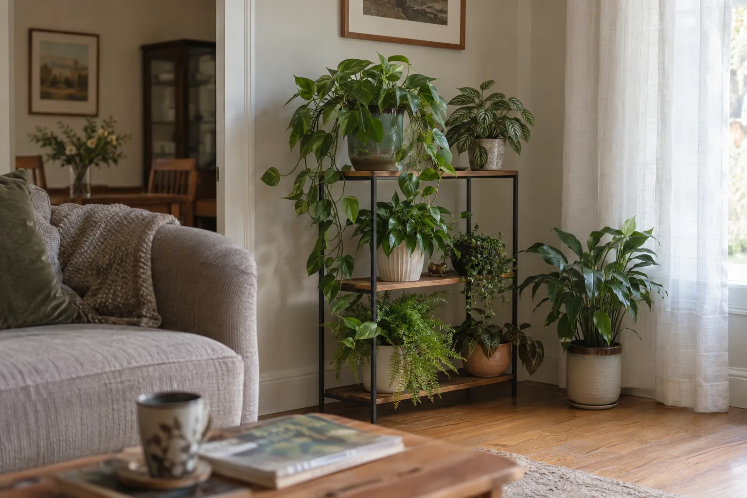 Houseplants set back from a sunny window with a sheer curtain in Queen Creek