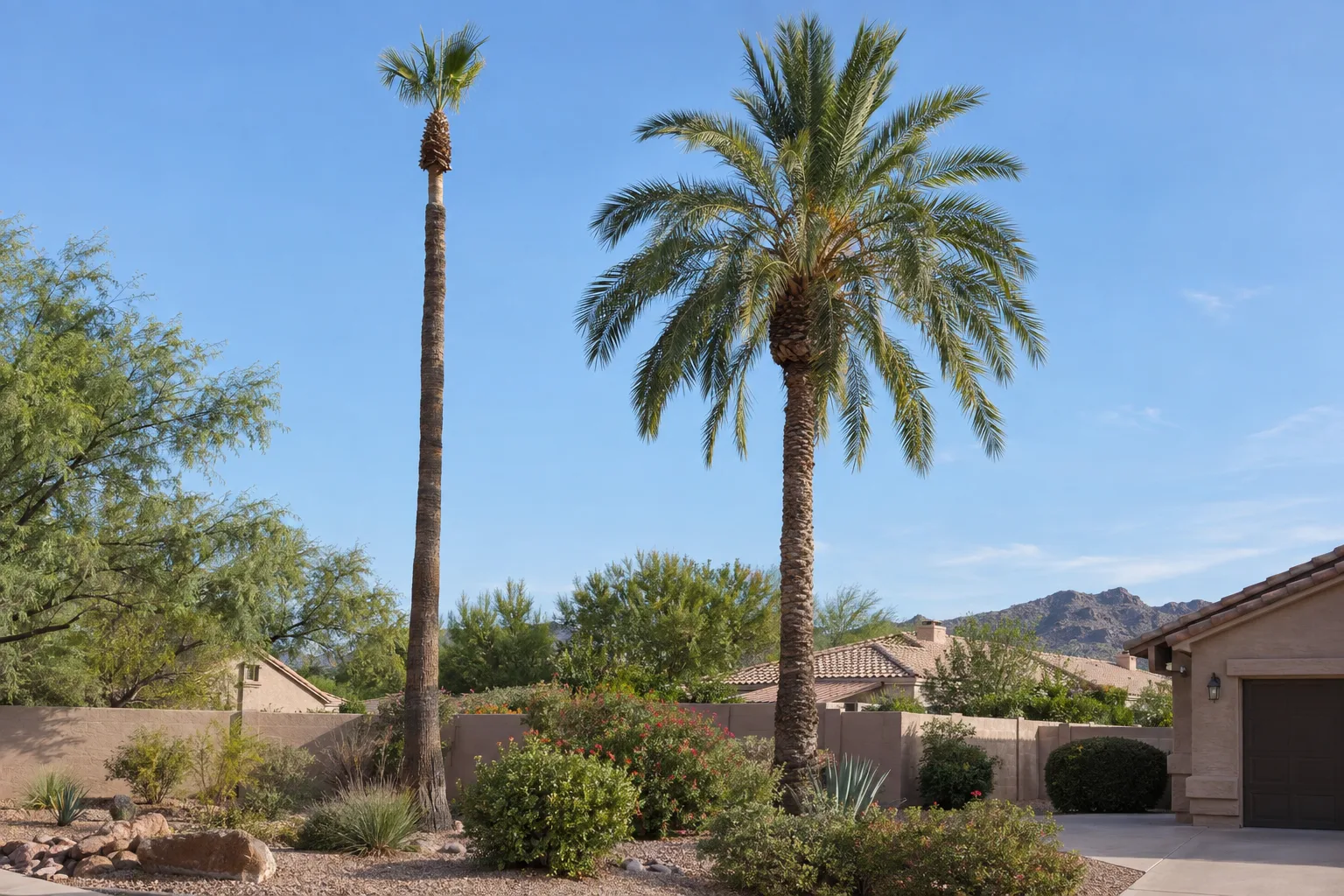 Over-pruned palm with a thin tuft of fronds beside a healthy full palm