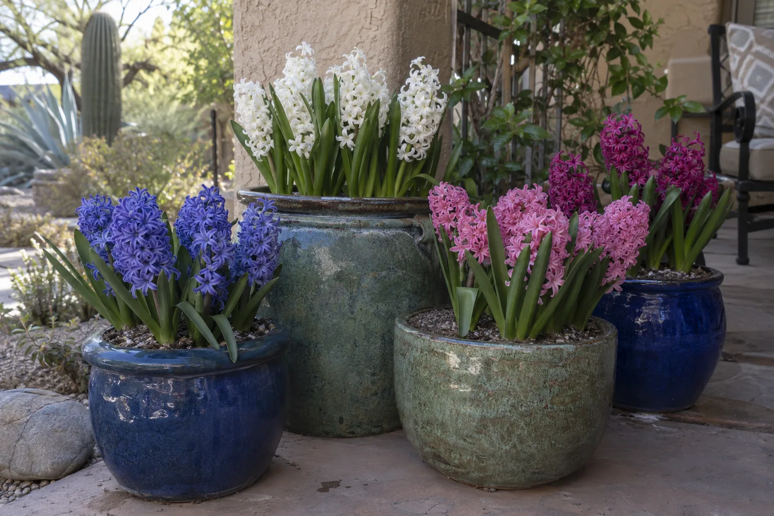 Glazed pots of blooming hyacinths grouped on a shaded patio in Queen Creek
