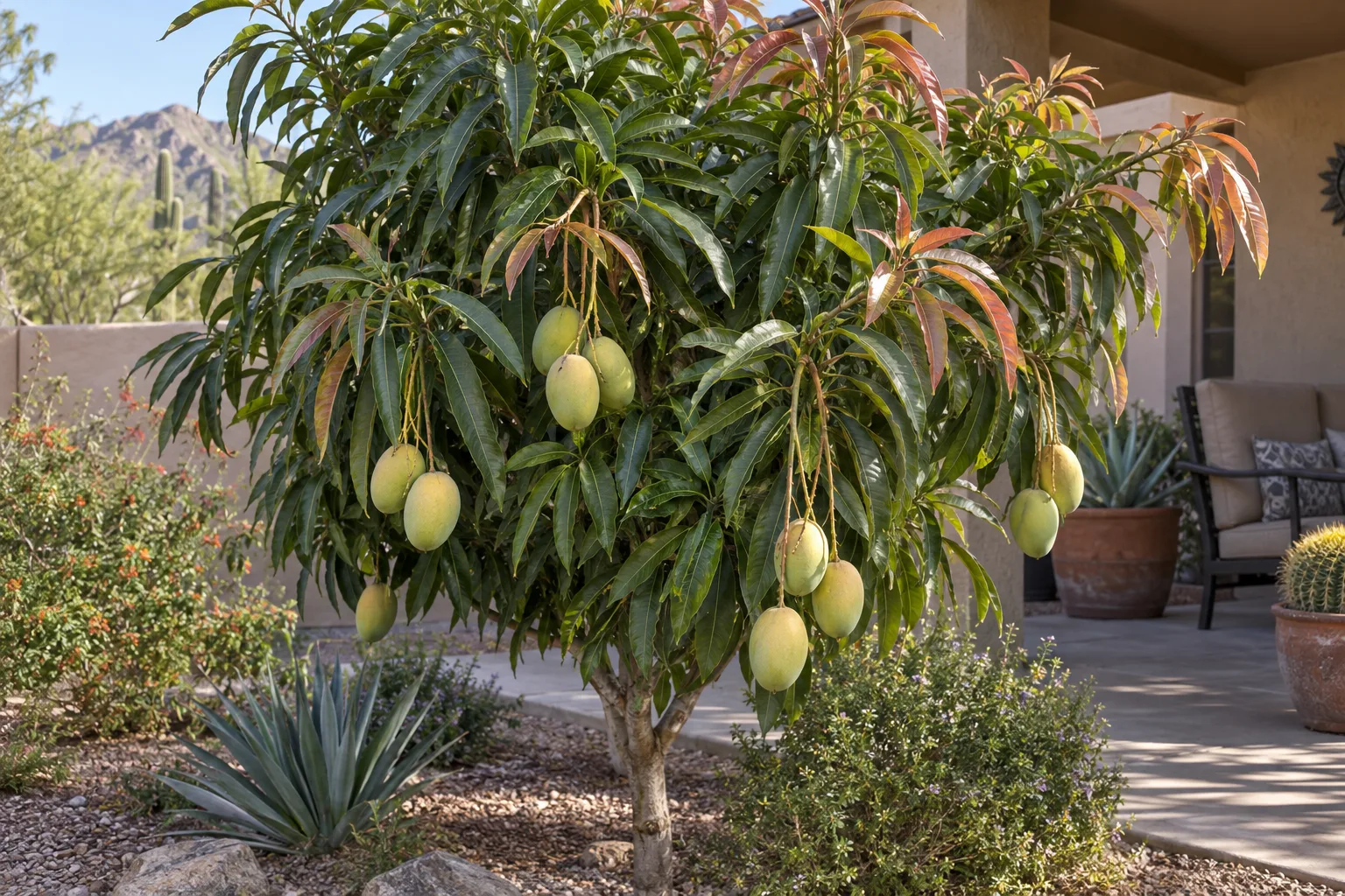 Ice Cream dwarf mango tree with dark green leaves and small yellowish-green fruit hanging on long stalks