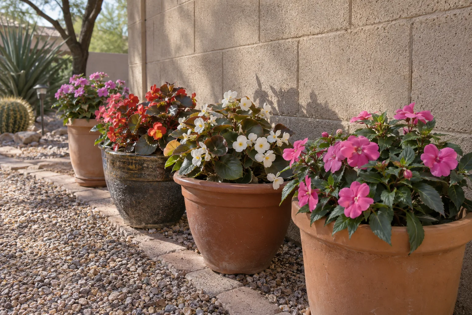 Potted impatiens and begonias lined along an east-facing wall in morning sun