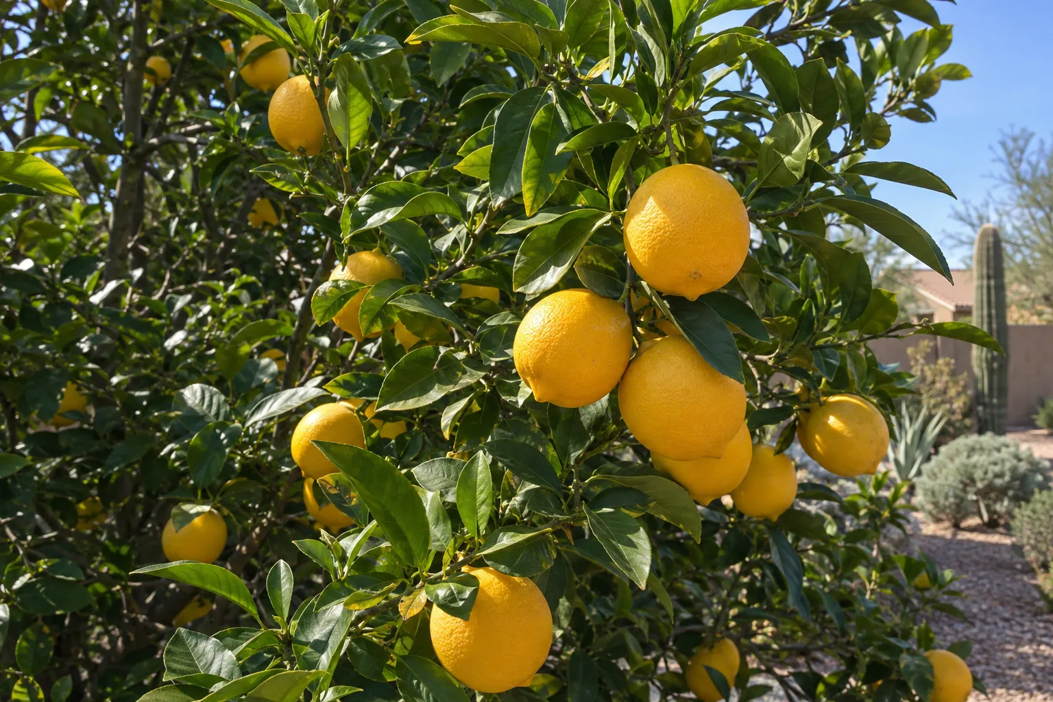 Improved Meyer lemon tree with rounded golden-yellow lemons among glossy dark green leaves