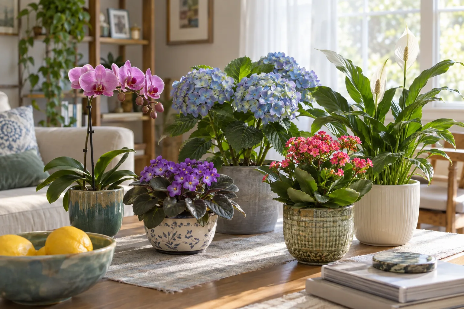 Flowering houseplants in bloom grouped near a bright window with sheer curtains