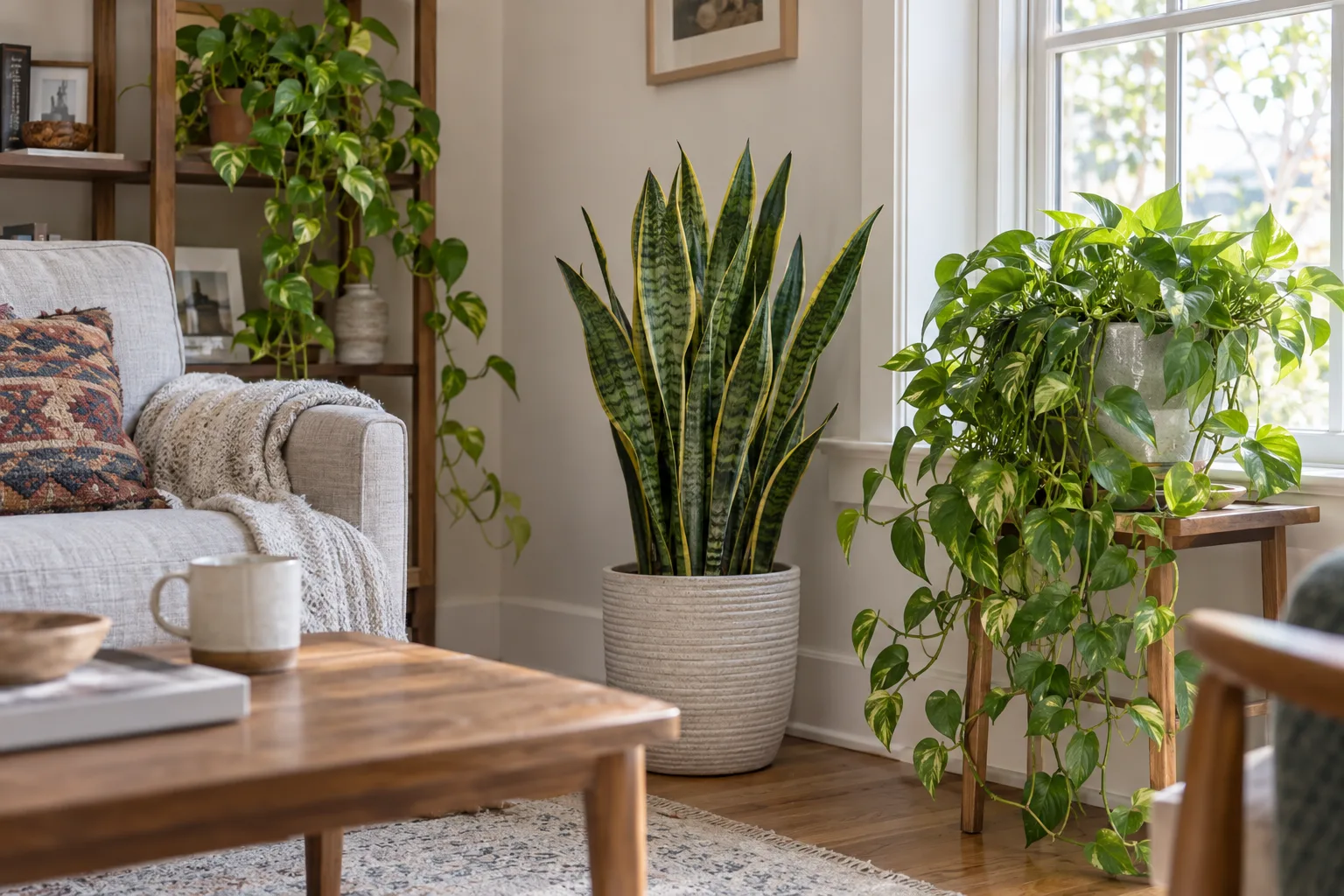 Snake plant and pothos beside a sunny window in an air-conditioned living room