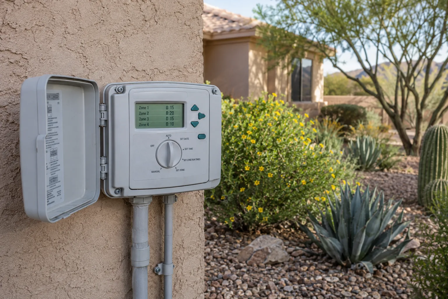 Wall-mounted irrigation controller with its display showing zone schedules and run times
