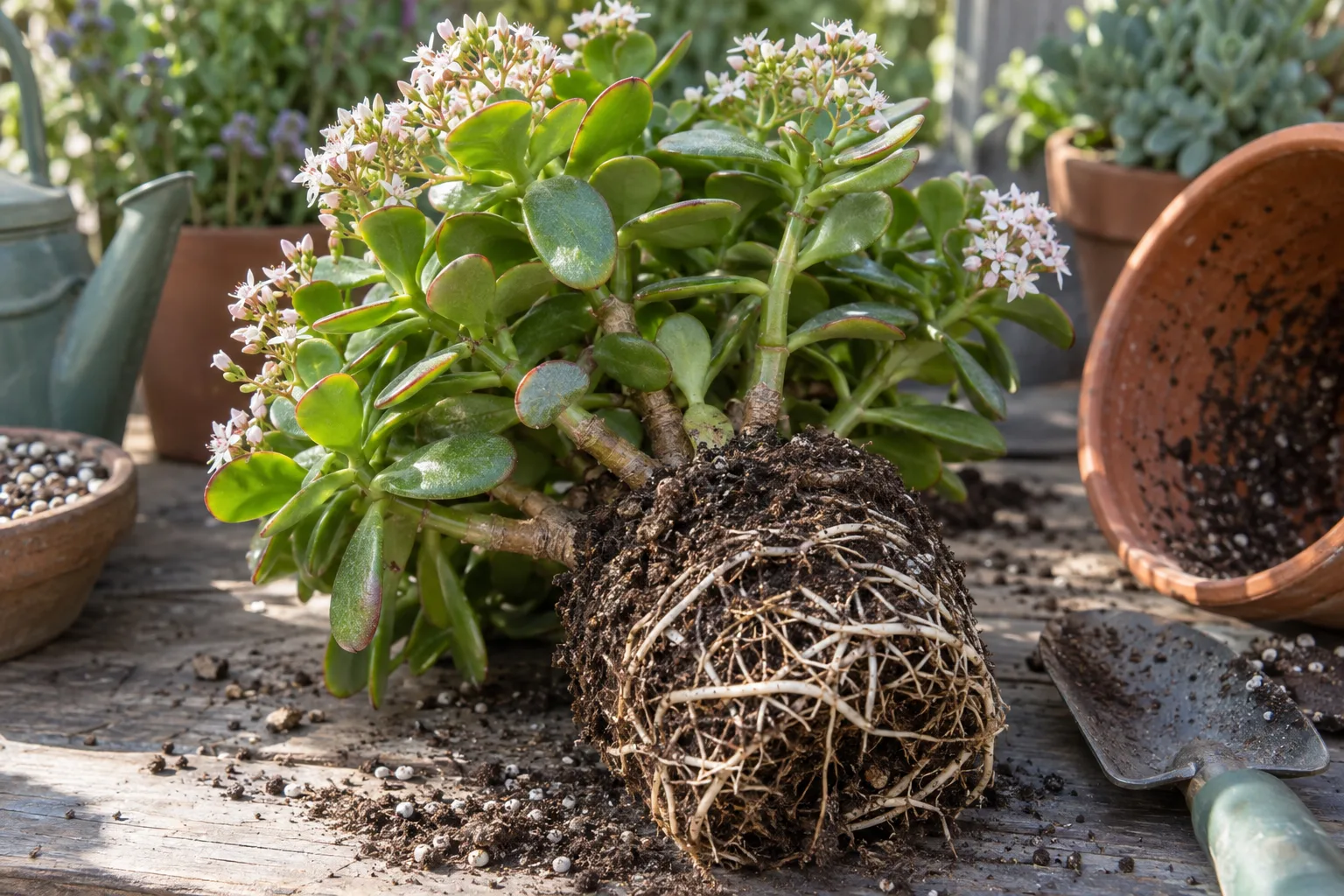 Jade plant root ball with healthy white roots on a potting bench, Queen Creek