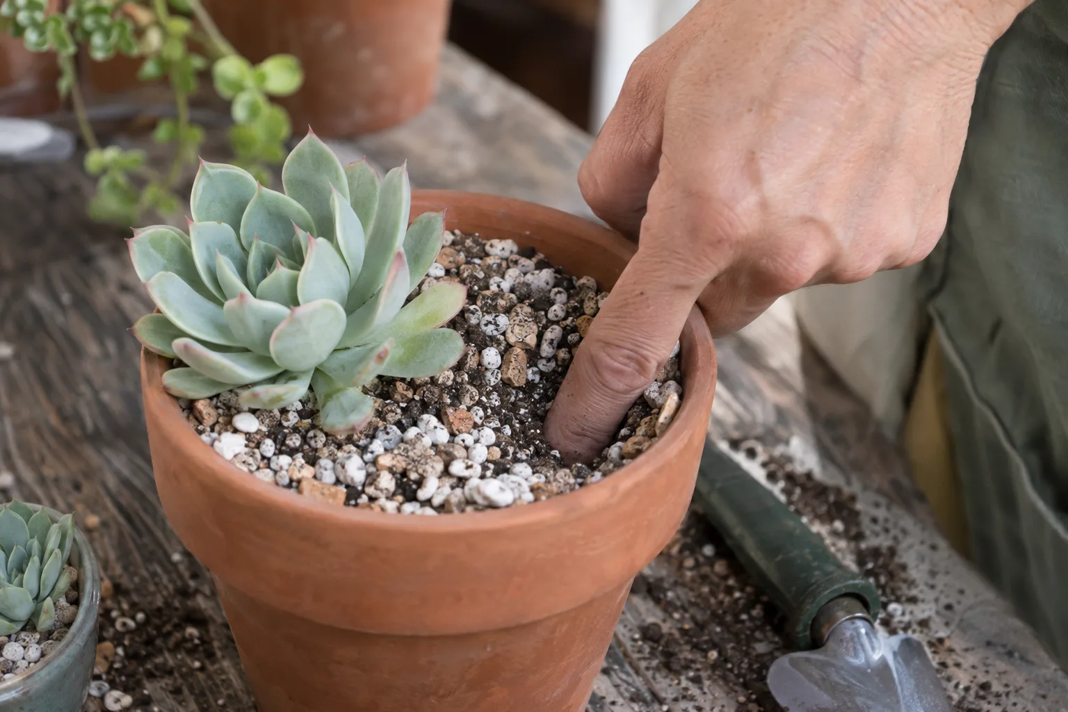 Finger testing dry gritty soil in a potted jade plant before watering