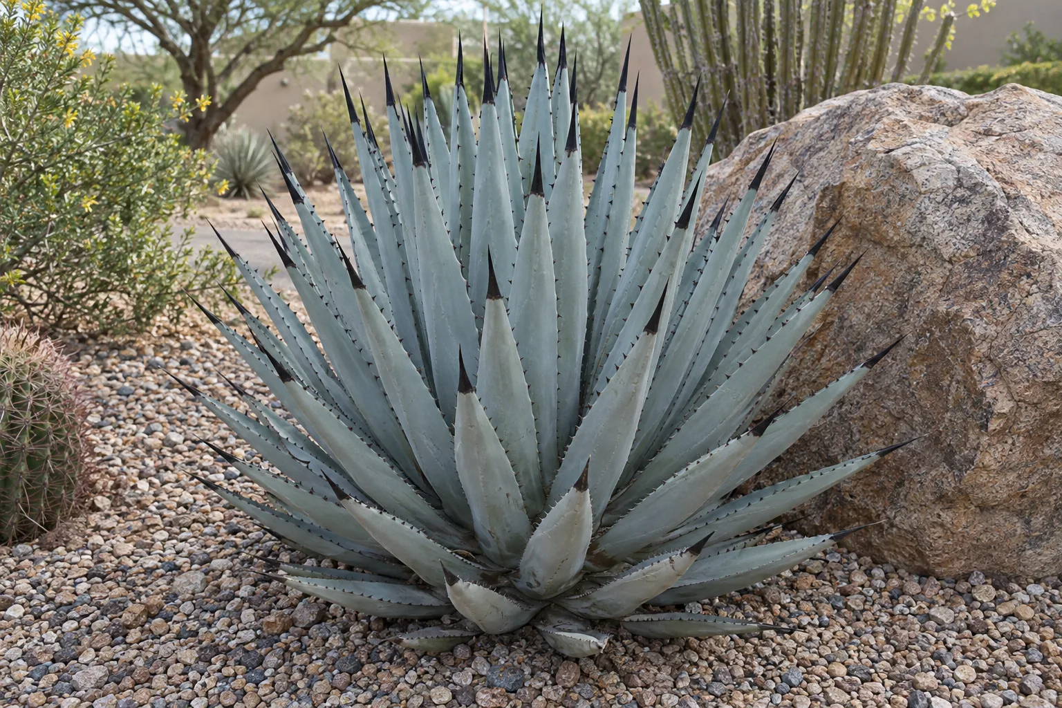 Jet tip agave with narrow blue-grey leaves tipped with black spines in gravel beside a boulder
