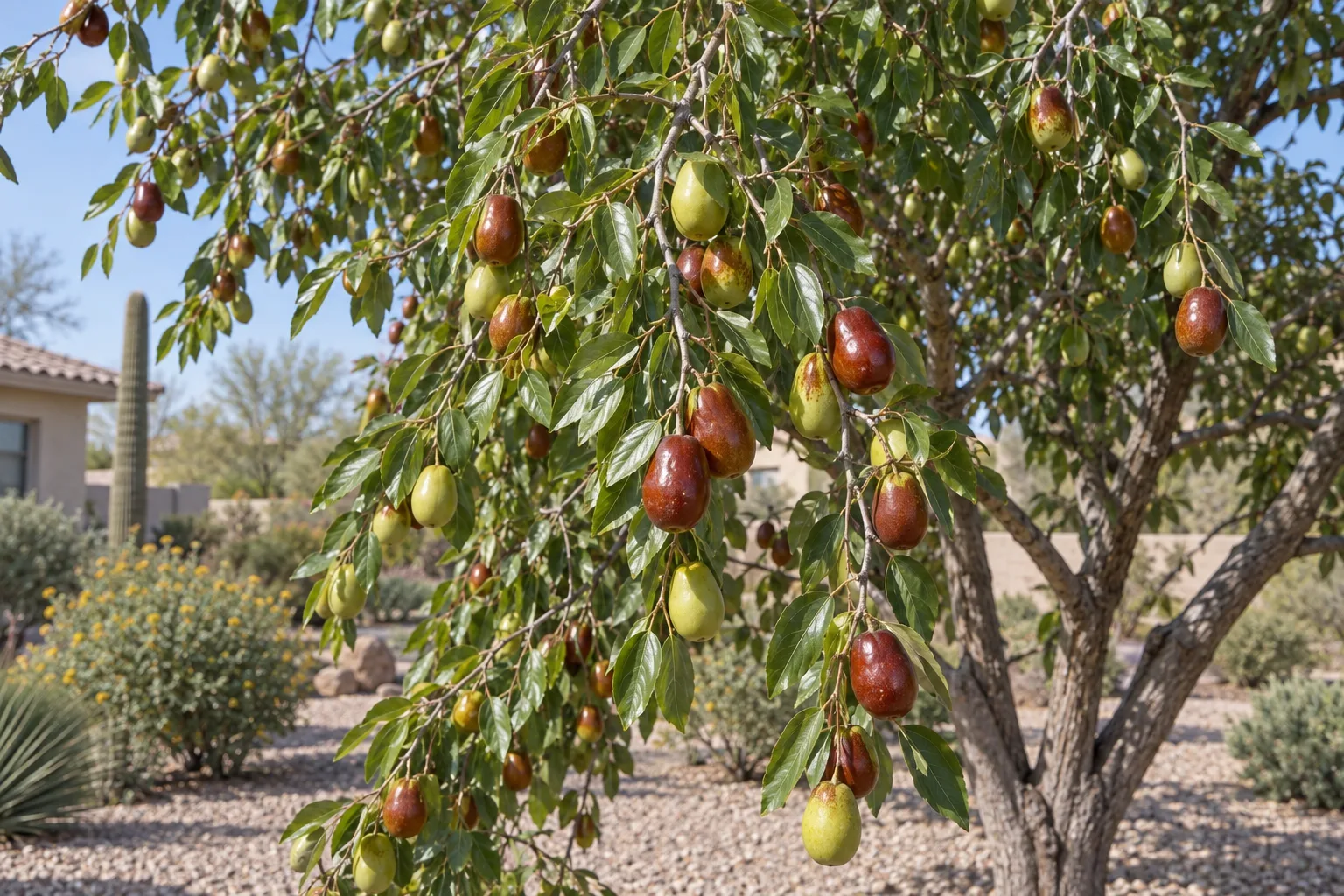 Lang jujube tree with small glossy leaves and pear-shaped fruit ripening to reddish-brown