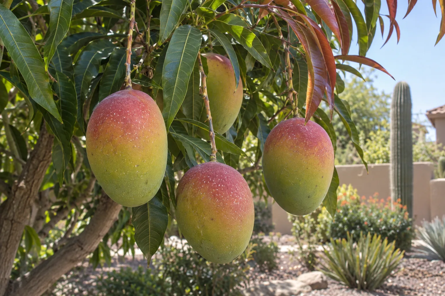 Kent mango branches with large oval greenish-yellow fruit blushed dark red among dark green leaves