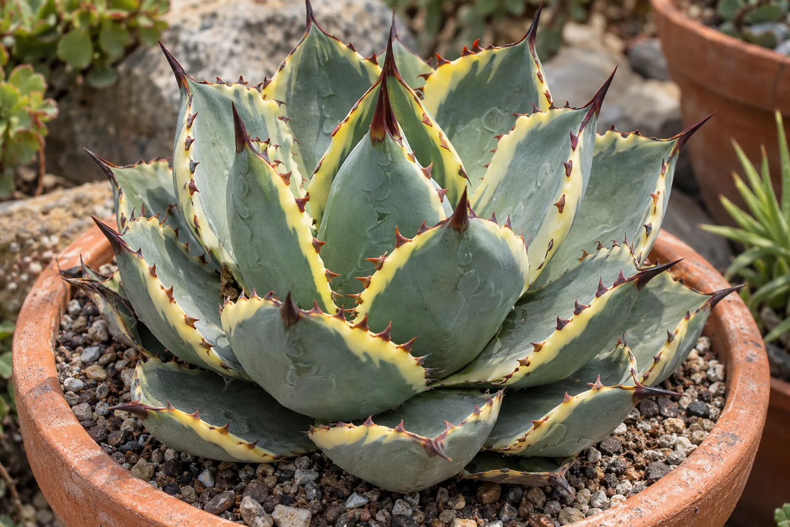 Kishokan dwarf butterfly agave with cream-edged blue-green leaves and red-brown teeth in a pot