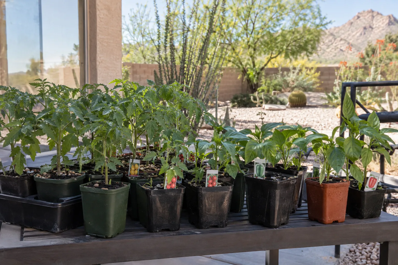 Labeled tomato and pepper transplants in small pots lined up on a table outdoors