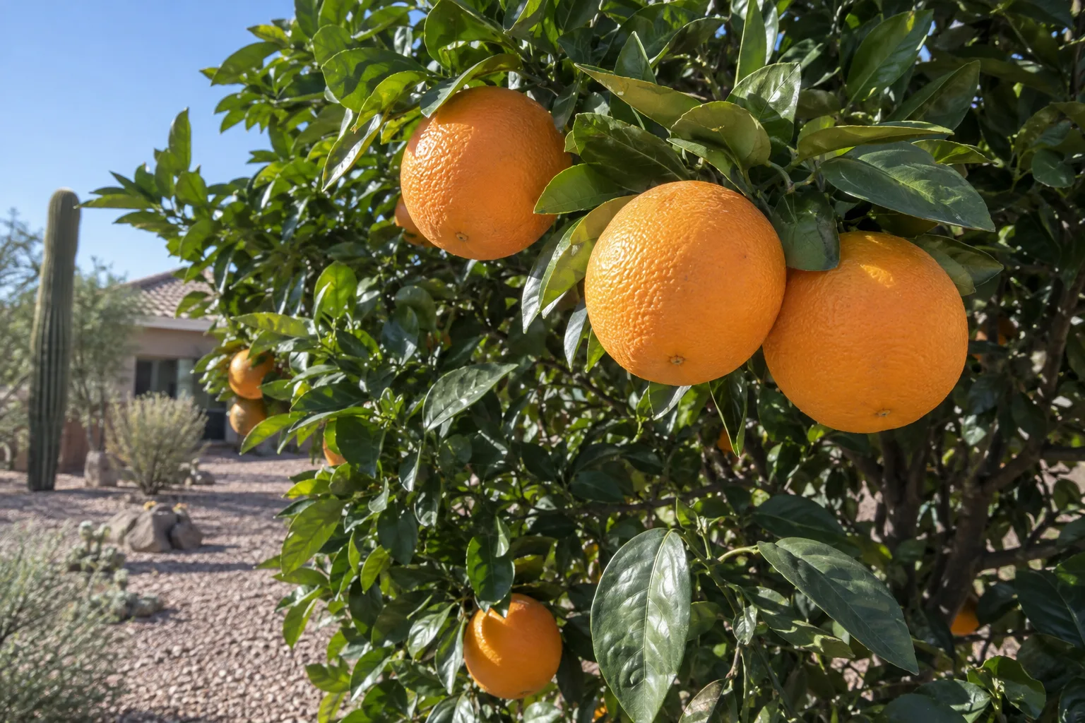 Lane Late navel orange tree with large ripe navel oranges in a dense canopy of dark green leaves