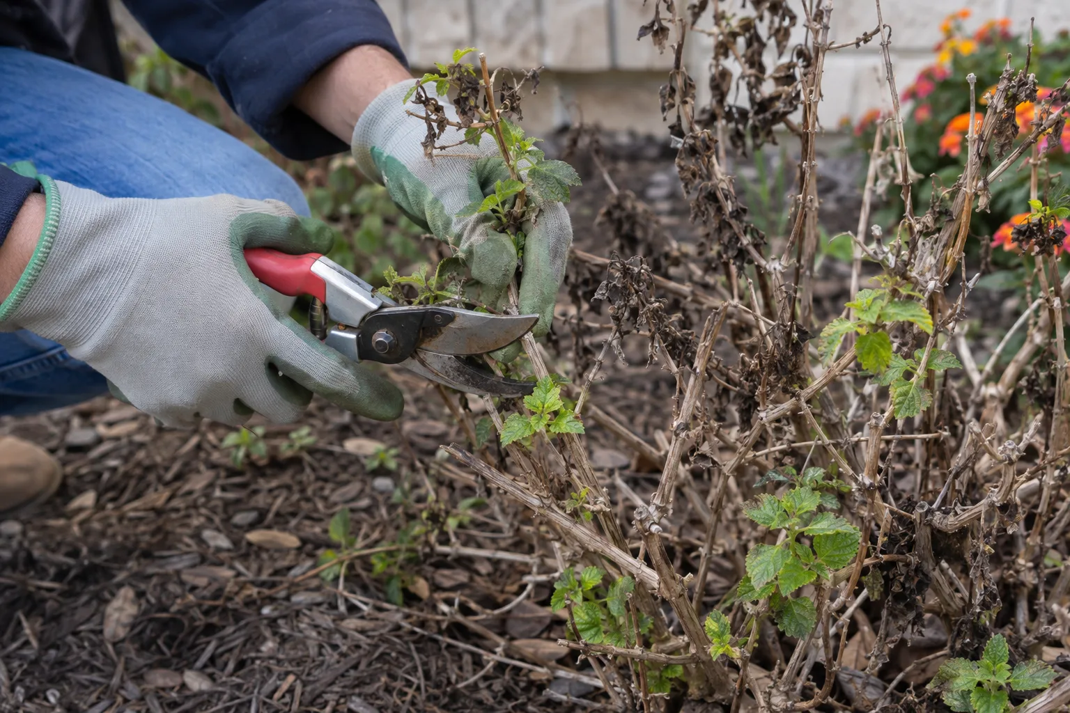 Gloved hands cutting frost-damaged lantana back to fresh green shoots at the base