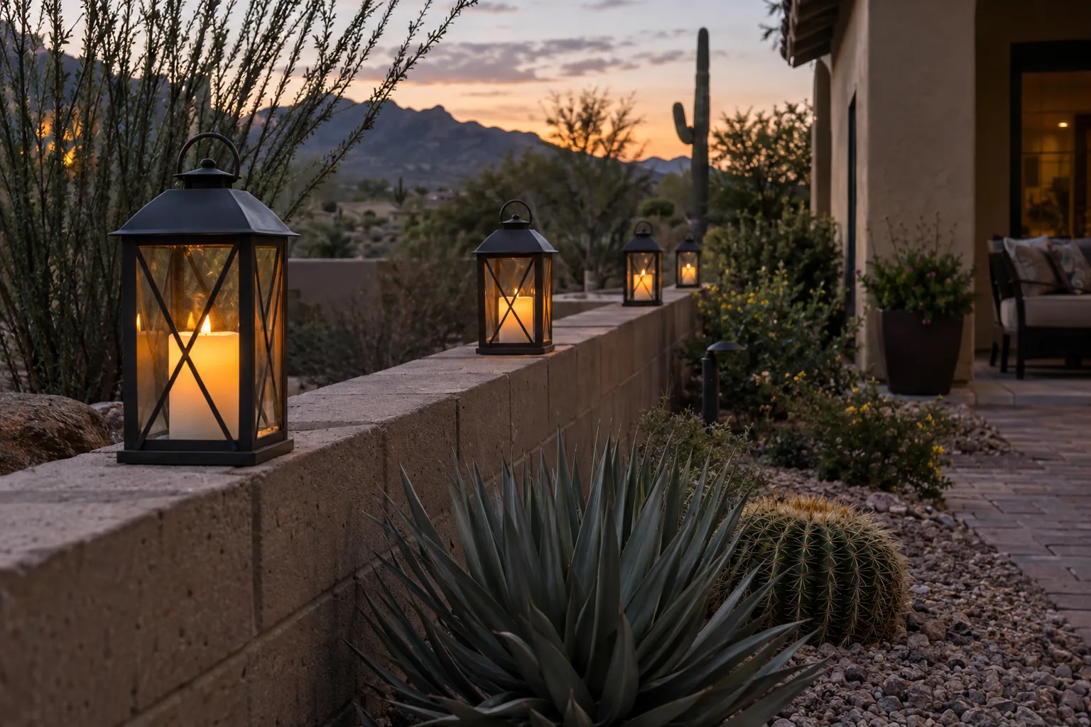 Metal lanterns with glowing LED candles lined along a low block wall at dusk