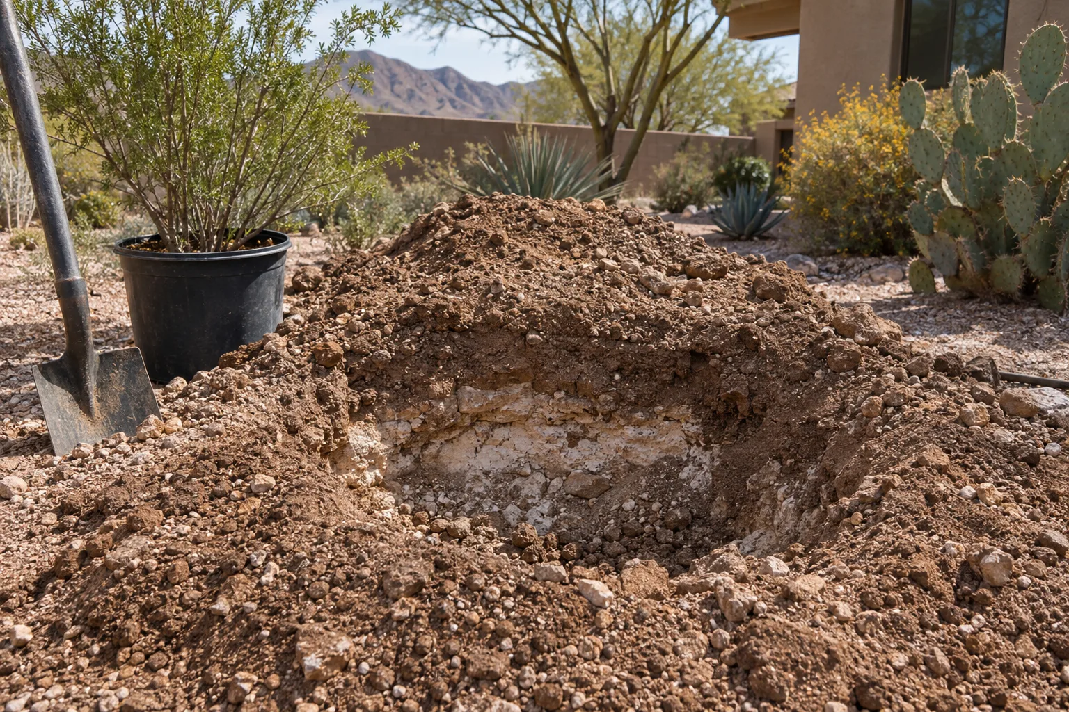 Gardener shaping a raised mound of gritty soil beside a drainage test hole
