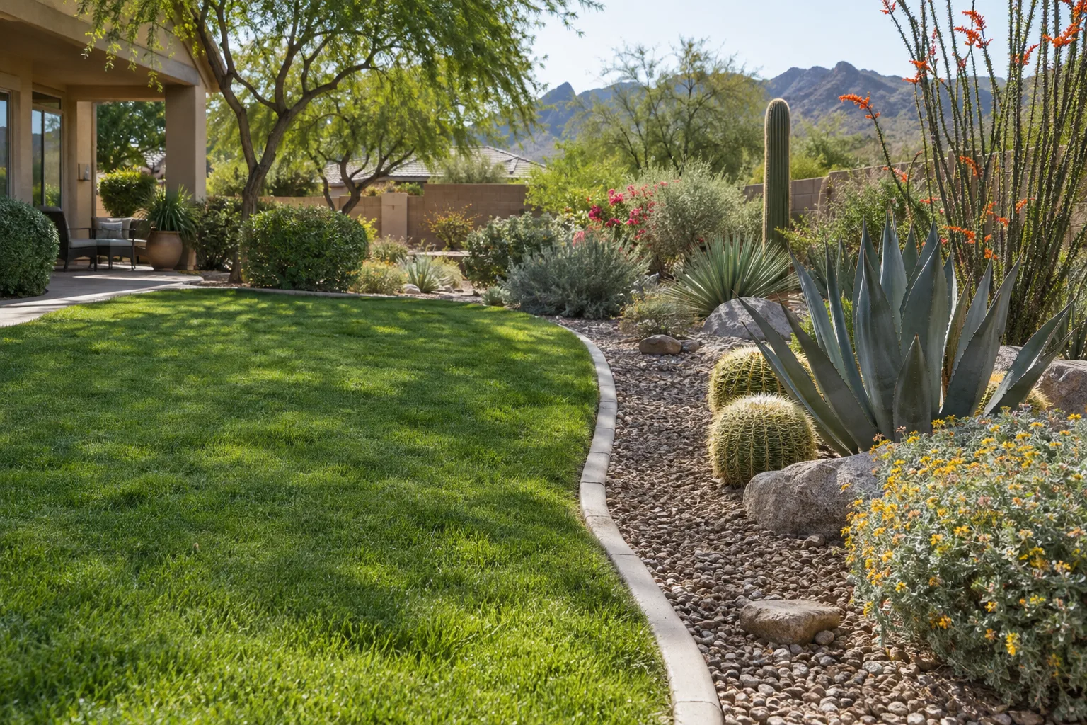 Lawn on the left beside a flowering desert garden bed on the right