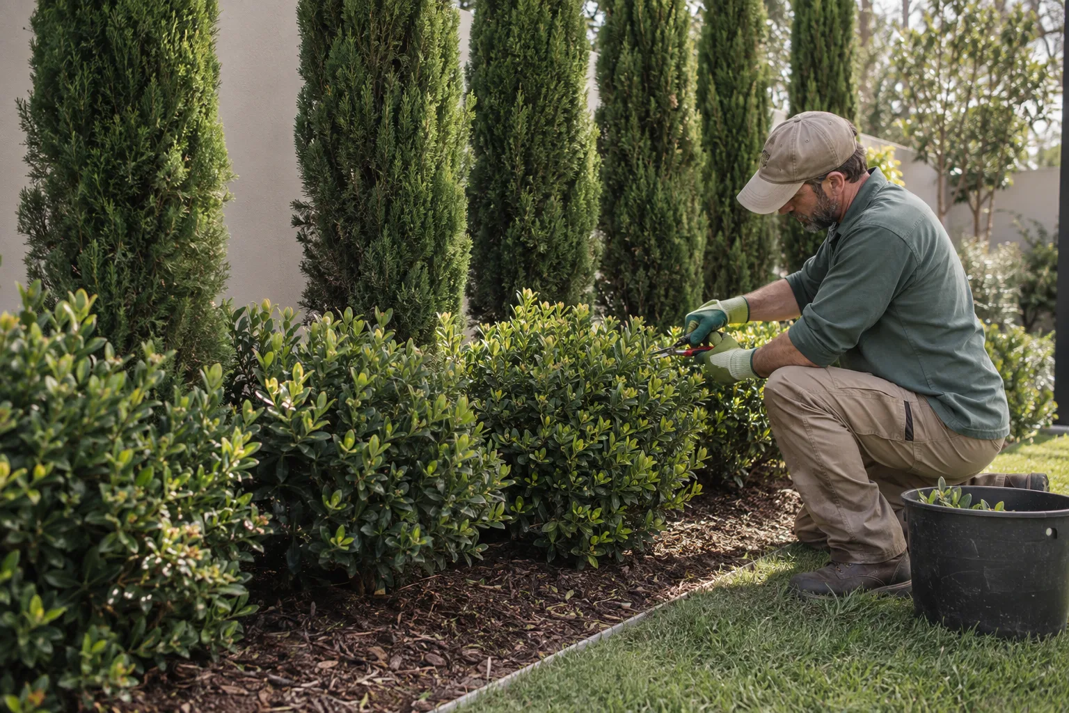 Tall columnar cypress planted behind lower flowering shrubs forming a layered privacy screen in a yard