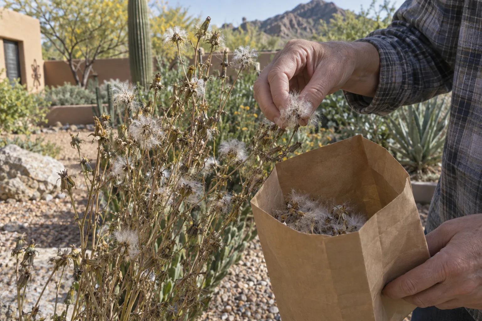 Hands cutting dried fluffy lettuce seed heads into a paper bag for seed saving