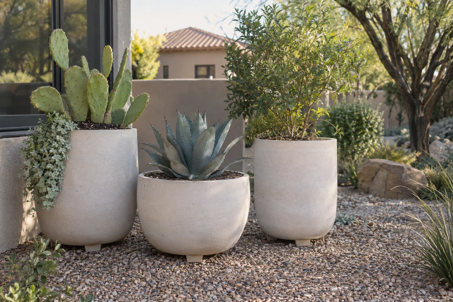 Light-colored fruit tree containers raised on feet on a gravel patio in Queen Creek
