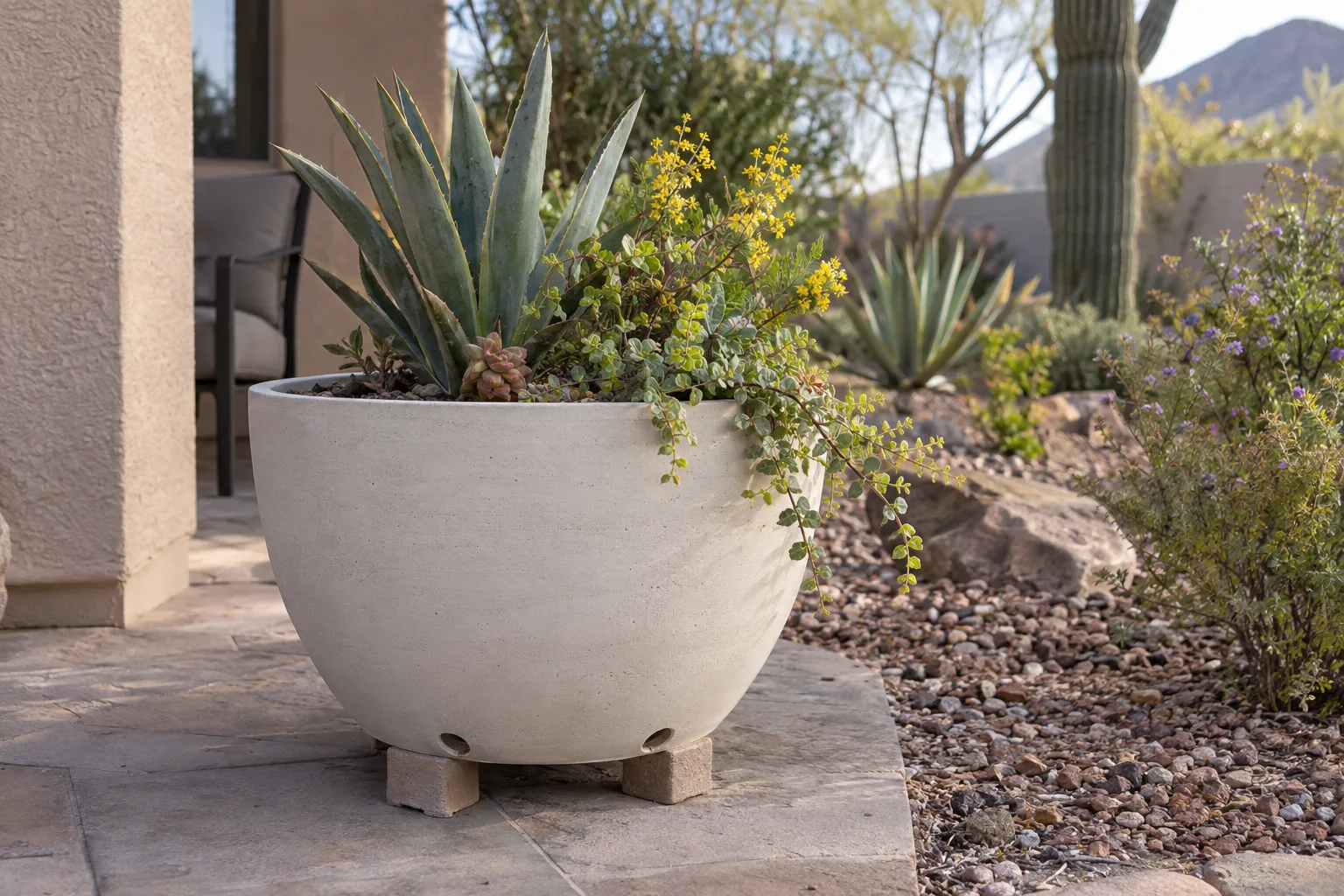 Large light-colored planter raised on pot feet beside a stucco wall in Queen Creek