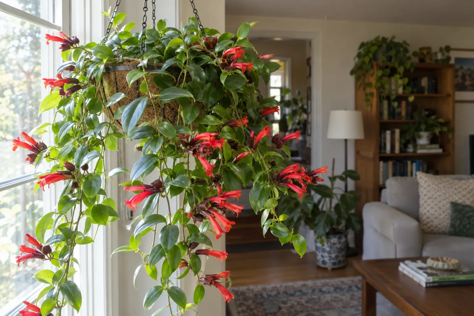 Red-flowering lipstick plant trailing from a hanging basket beside a bright indoor window