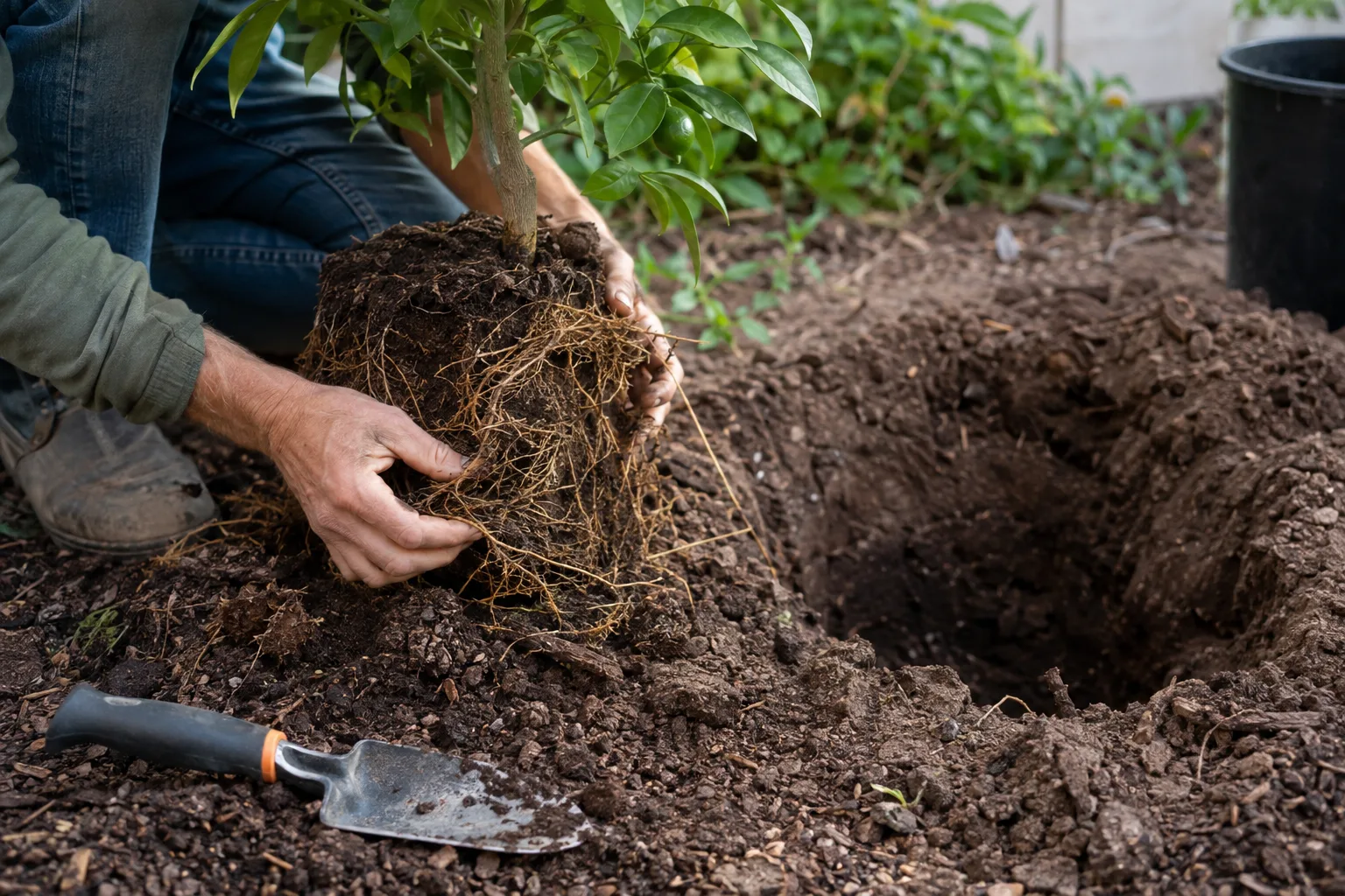 Hands loosening circling roots on a citrus root ball beside a freshly dug hole