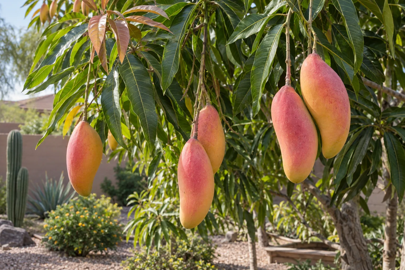Mahachanok mango branches with slender elongated yellow-orange fruit blushed pink-red on long stalks