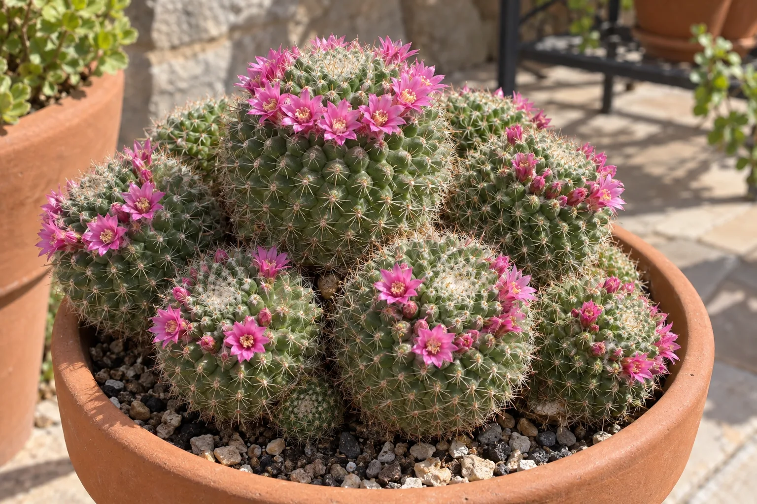 Mammillaria cactus cluster of small white-spined globes each with a ring of pink flowers in a terracotta pot
