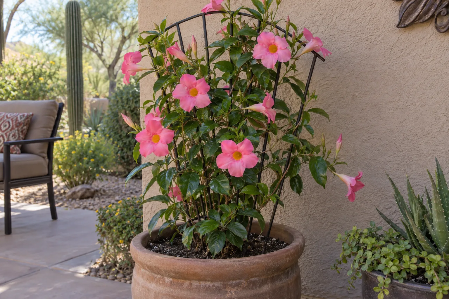 Mandevilla vine with rose-pink trumpet flowers and glossy leaves on a trellis in a patio pot