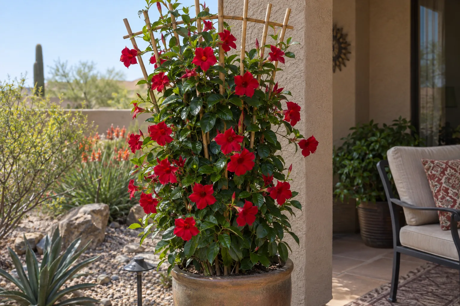 Sun Parasol Crimson mandevilla vine with velvety crimson trumpet flowers on a trellis in a patio pot