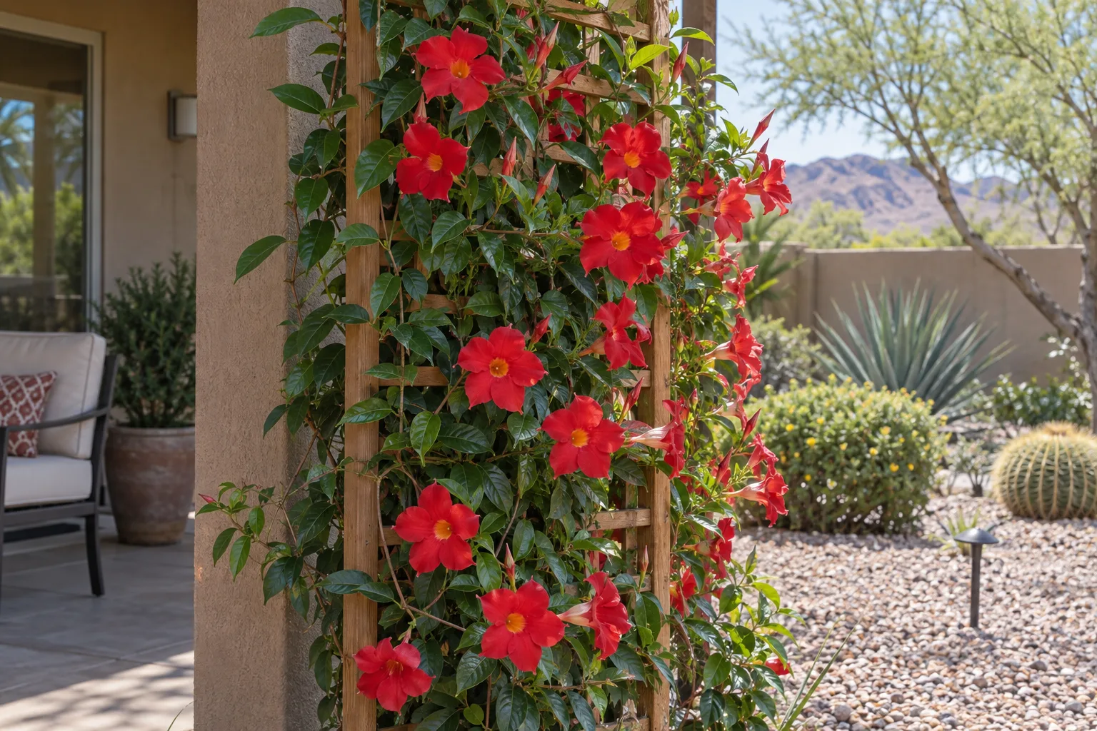 Sun Parasol Original XP mandevilla vine with large bright red trumpet flowers on a tall trellis