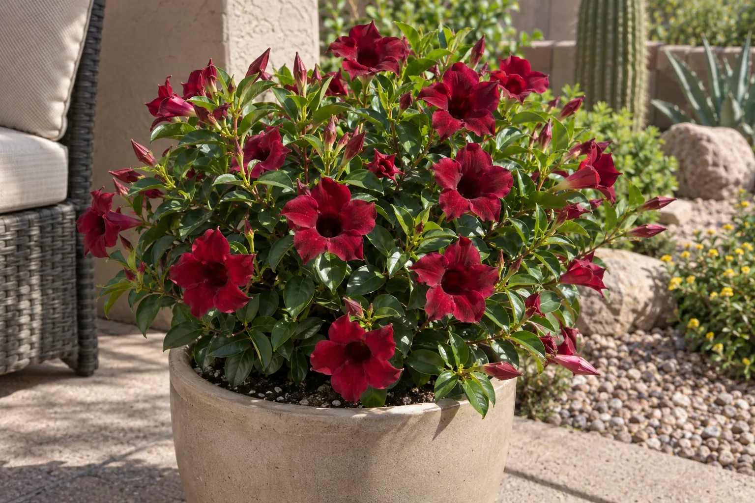 Tropical Breeze Velvet mandevilla, a low mound with dark burgundy-red trumpet flowers in a patio pot