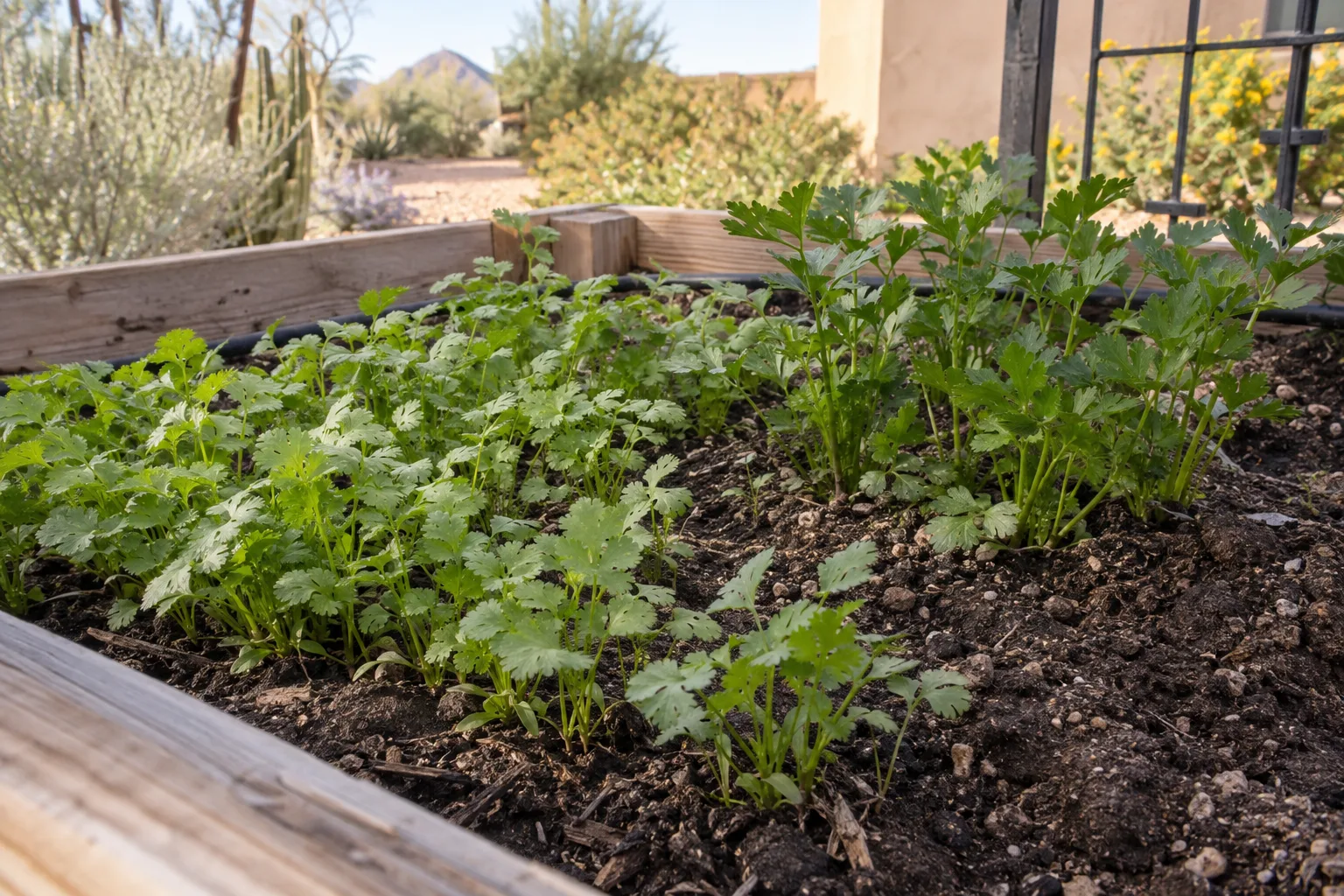 Young cilantro and parsley plants in a raised garden bed with morning sunlight